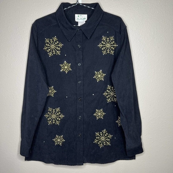 The Quacker Factory Black Button-up Stretch Snowflake Christmas Shirt Sz L - Picture 1 of 9